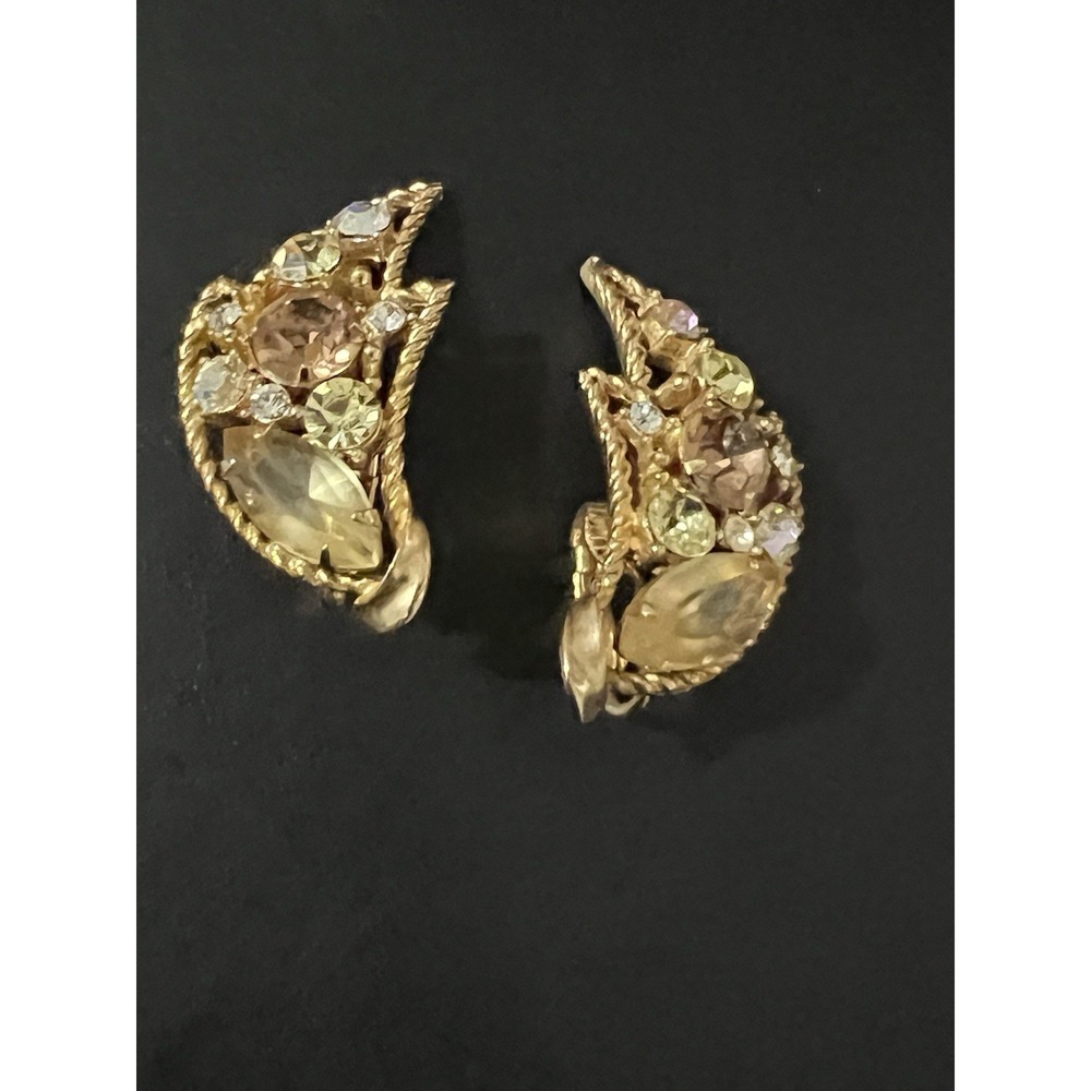 VTG Emmons earrings MULTICOLOR RHINESTONE AMBER GLOW  openwork Climber - Picture 10 of 15